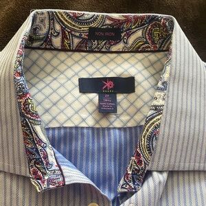Zara Men's Blue and White Striped Shirt with Paisley Collar 18 1/2 neck. 2x